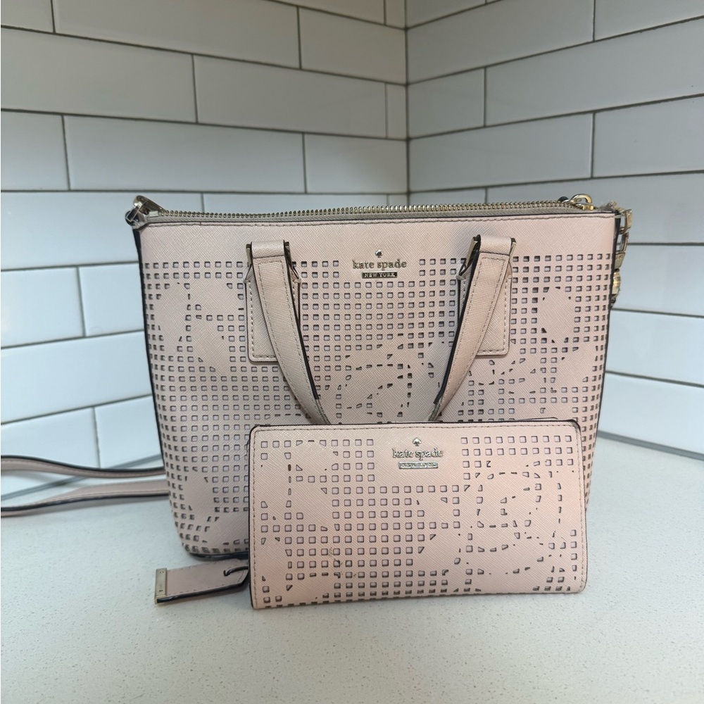 Kate Spade Pink Perforated Tote Bag + Matching Wallet